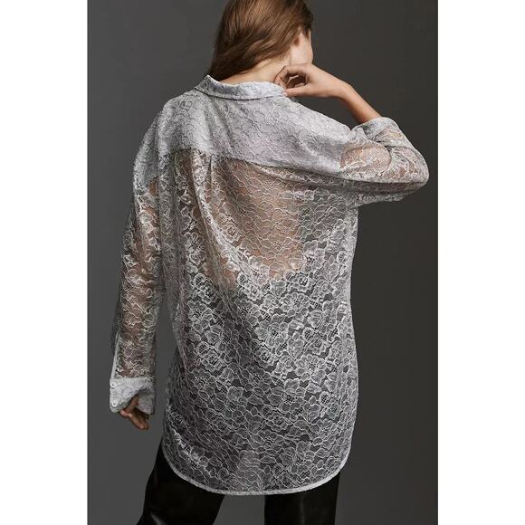 Anthropologie Metallic Lace Button Down Shirt Light Gray Silver X-Small - Picture 2 of 11
